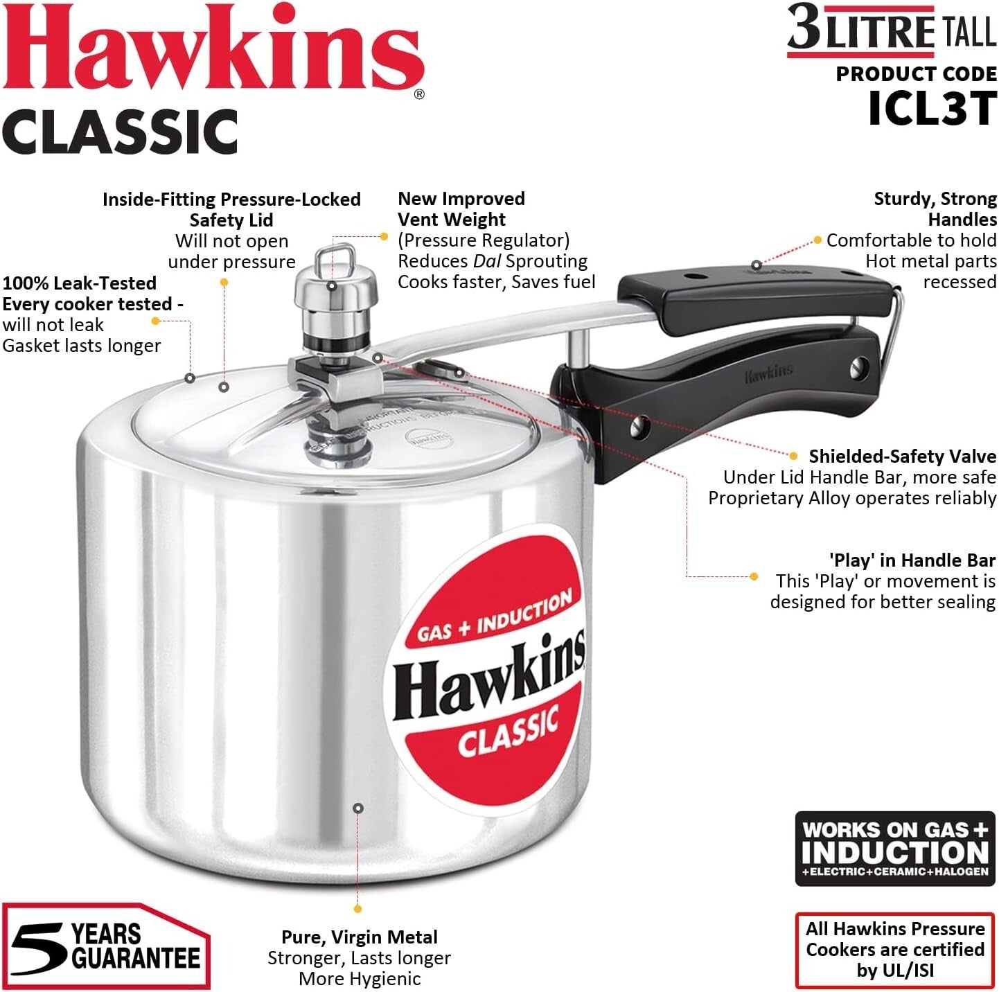 Hawkins 3 Litre Classic Pressure Cooker, Induction Inner Lid Cooker, Tall Design